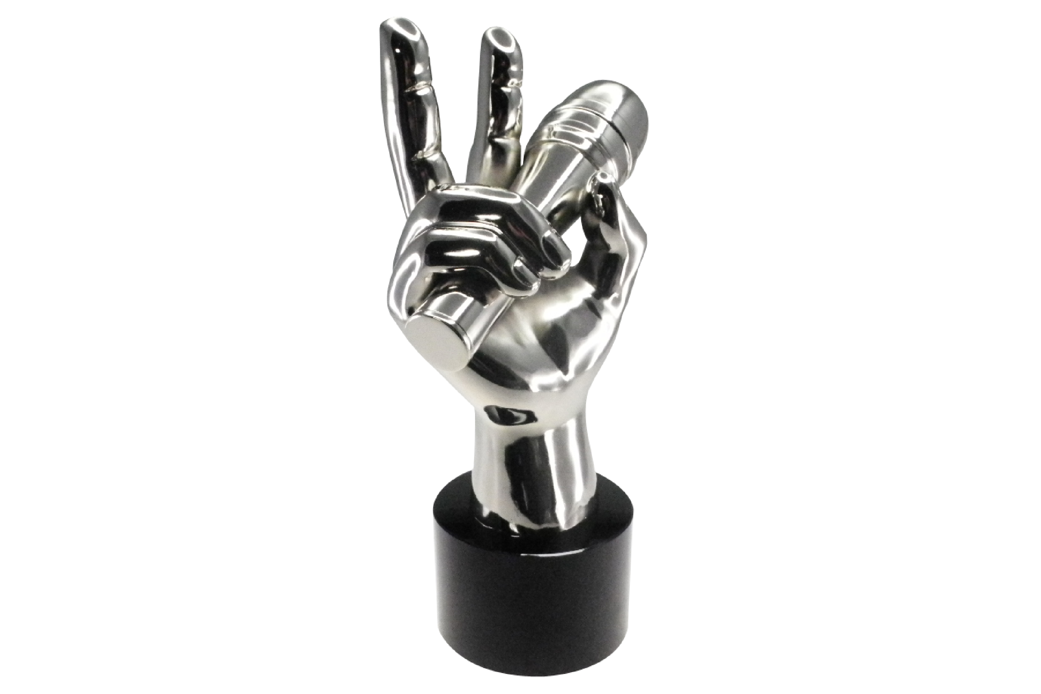 Trophy from NBC's The Voice singing competition. Award is a metal hand holding a microphone and giving a peace sign
