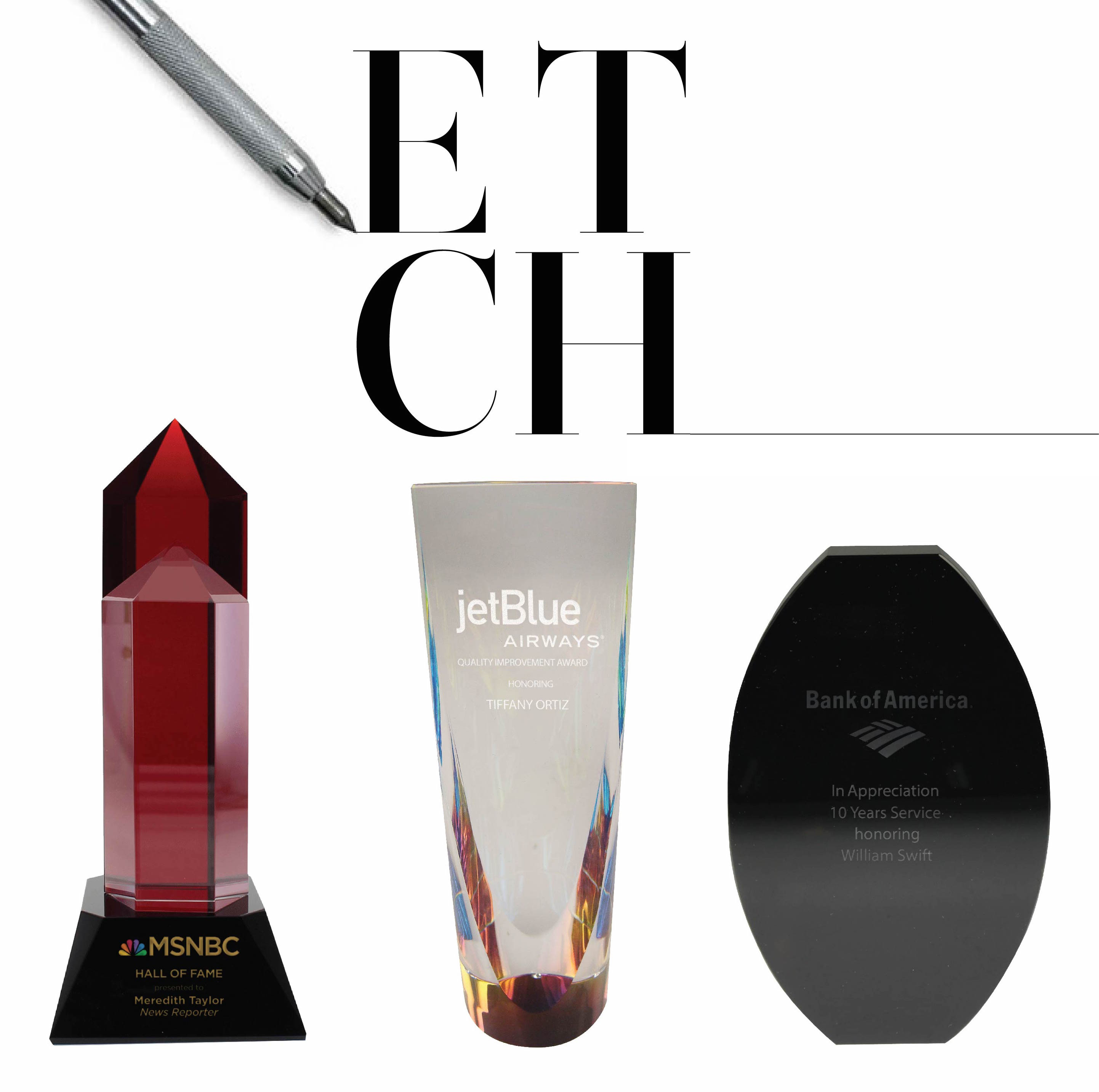 3 awards personalized with etching and logos. From left to right: Hexagon Red, Dichro Crystal, Oval Interchange.