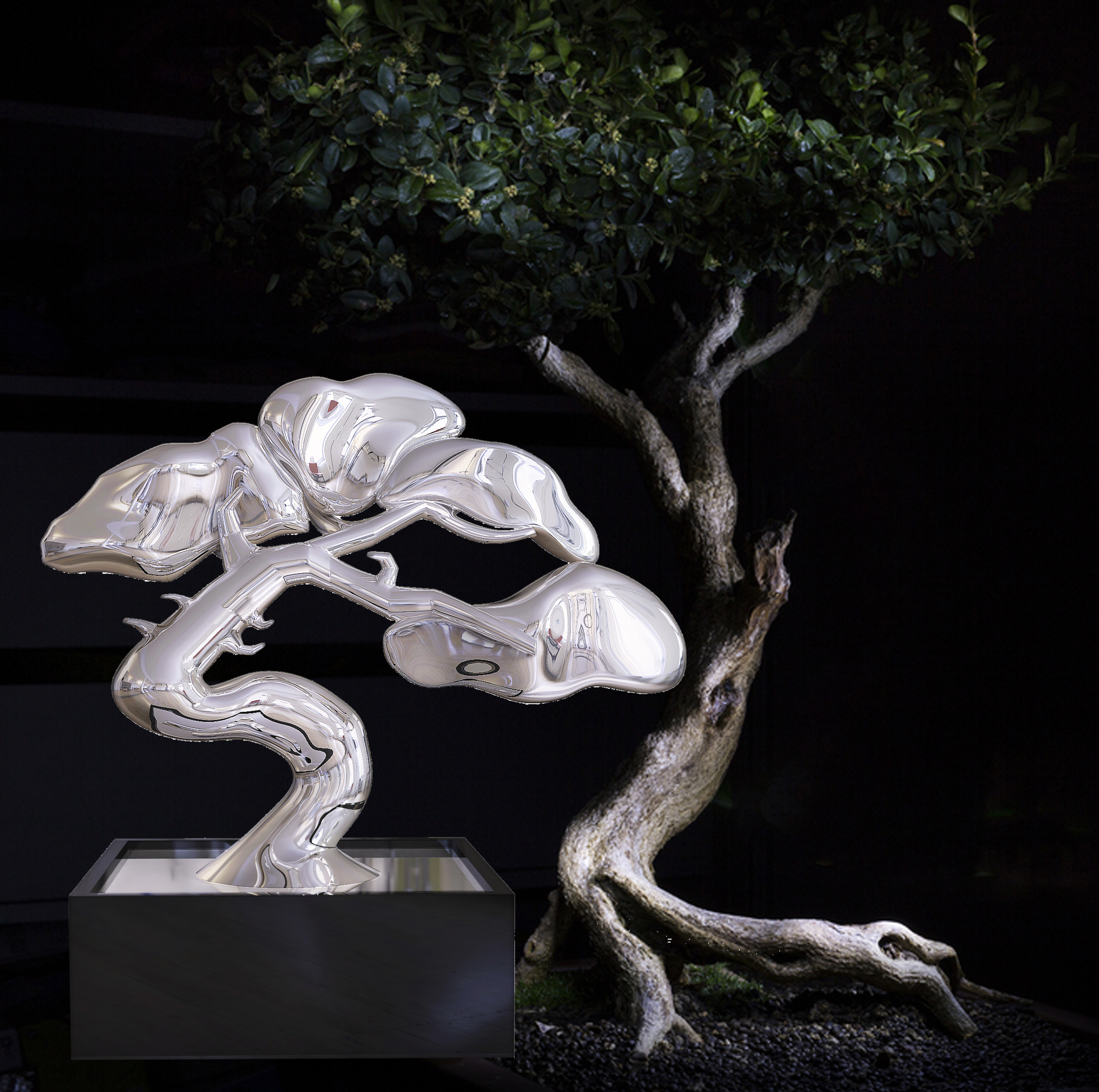 Metal bonsai tree superimposed over a dark image of a real bonsai tree.