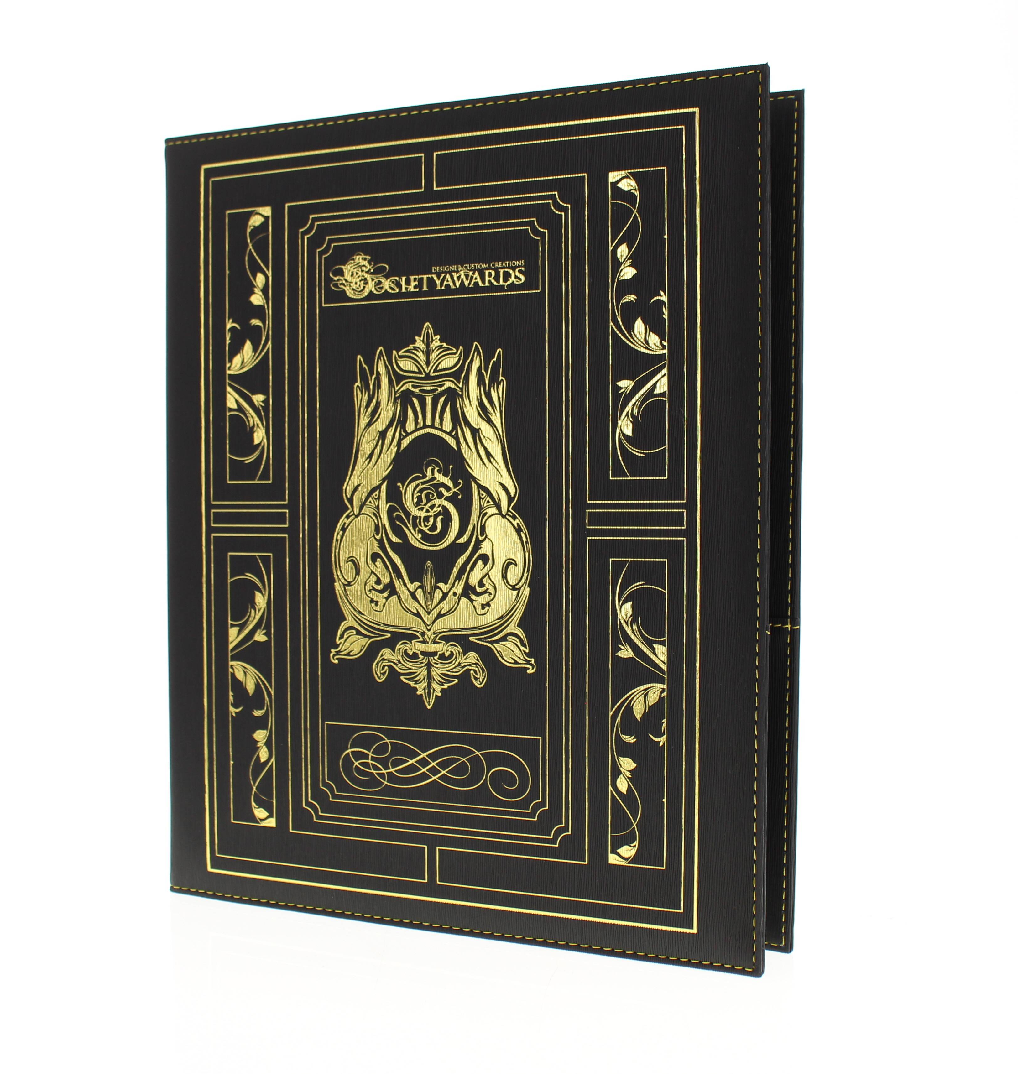 Custom-branded black portfolio with gold embossing, inspired by classic book designs, modern and distinctive in execution.