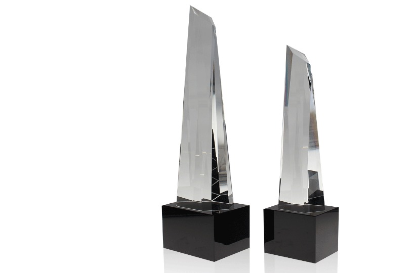 The large and small Metropolis Crystal awards, viewed at an angle