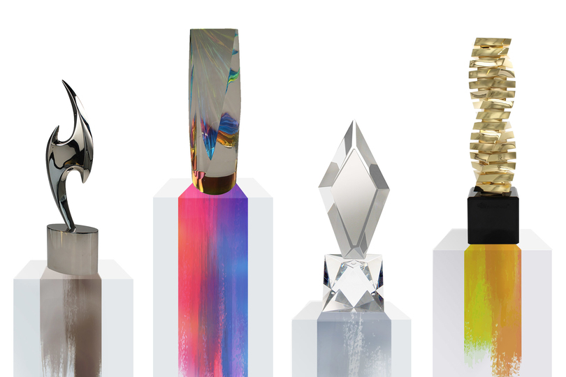 Four more trophies on pedestals of varied height and dripping paint detail