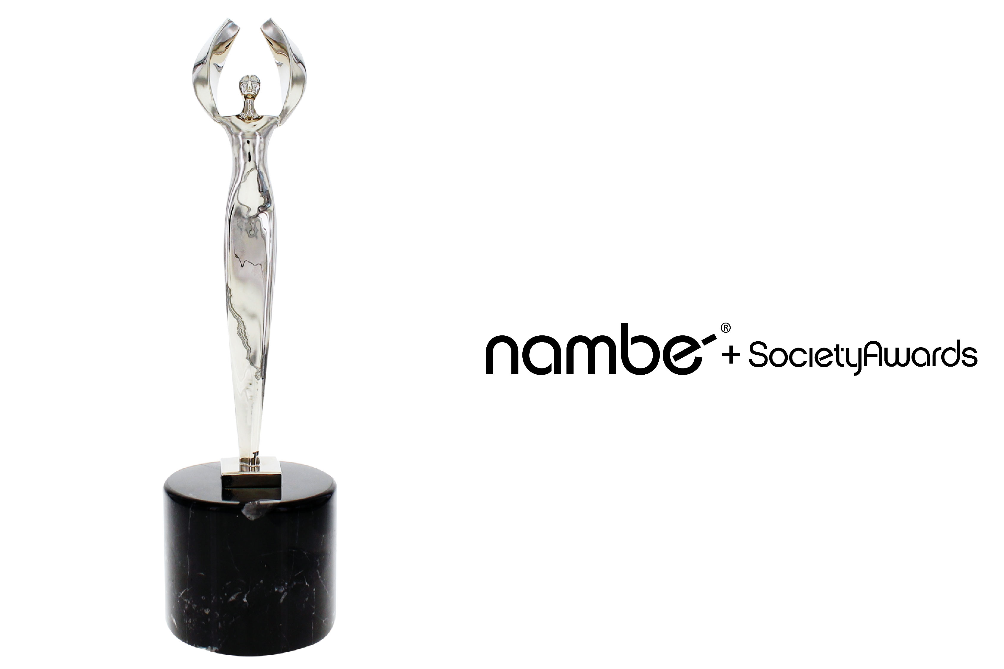 Namb Angel Trophy created in a collaboration with Society Awards next to the collaborative logo