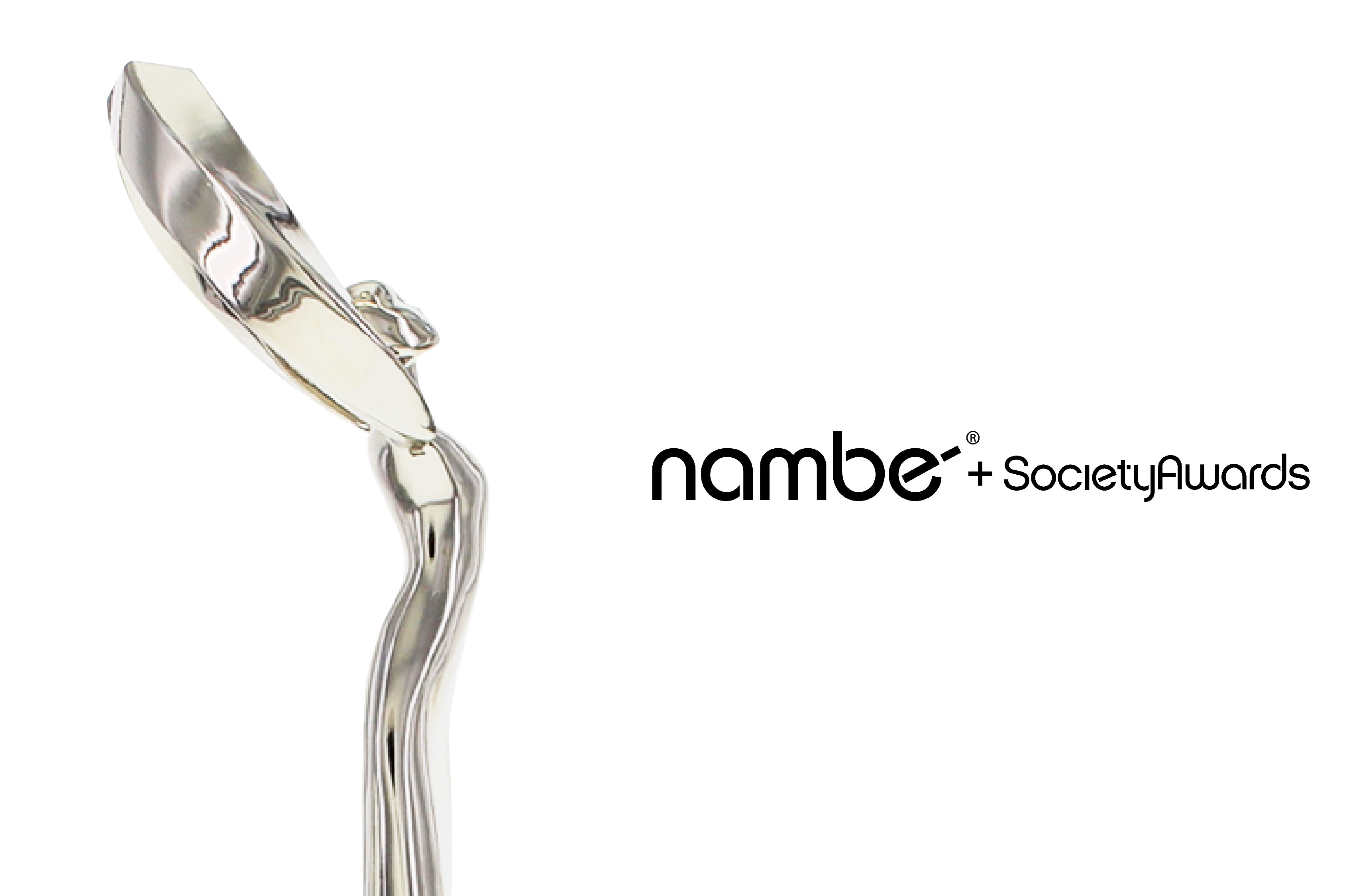 Close-up side angel of the Namb + Society Awards Angel award next to the collaborative logo