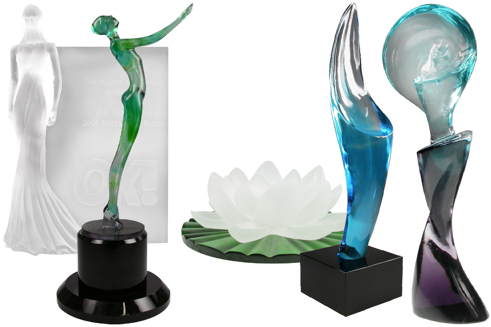 Five colorful pâte de verre sculptural trophies