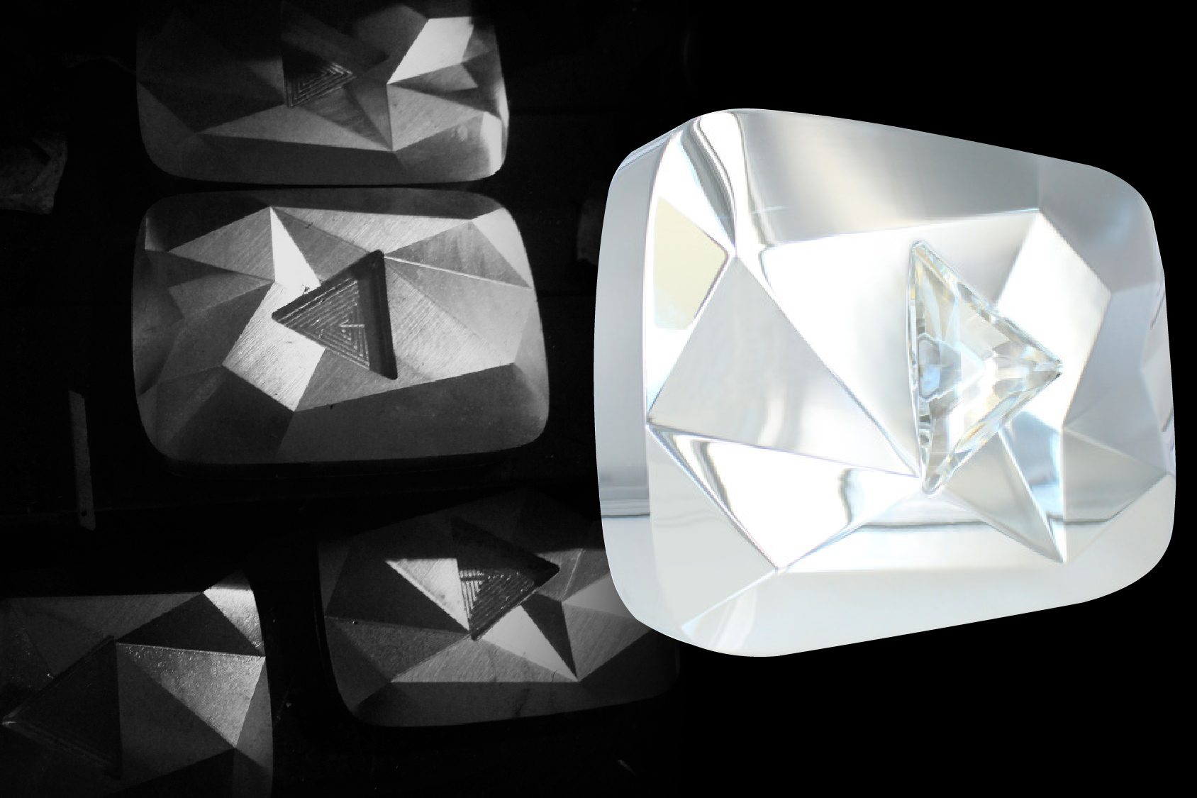 YouTube Diamond Play Button trophy and unpolished machined forms