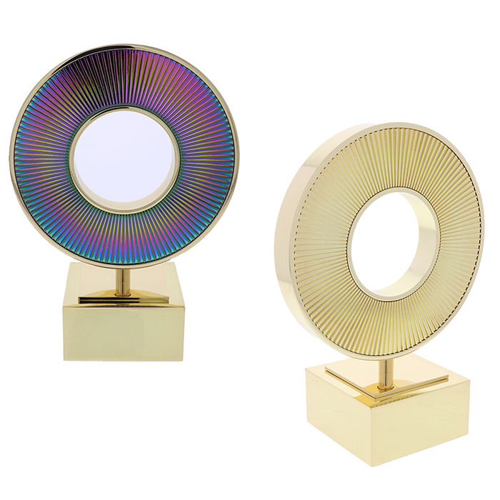 Gold and chromatic IP textured rings atop gold bases