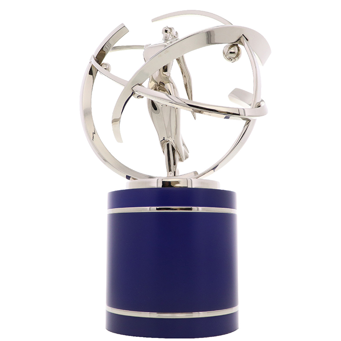 Custom crafted award made of zinc die cast with shiny silver plated sculpture on a blue metal base for a prestigious honor.