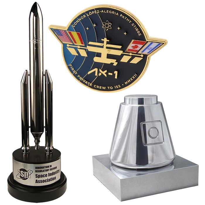 Custom Space Themed trophies and pin created by Society Awards