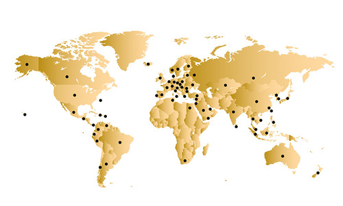 Golden map of the world with black dots on each of the 71 countries that we currently serve.