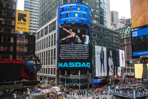 Times Square's NASDAQ billboard displaying announcement of our third year on the Inc. 5000 Fastest Growing Companies List