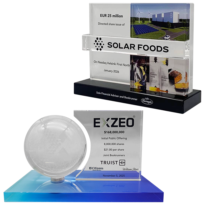 Solar Foods and Exzeo deal toys. Financial Tombstones by Society Awards Finance Group