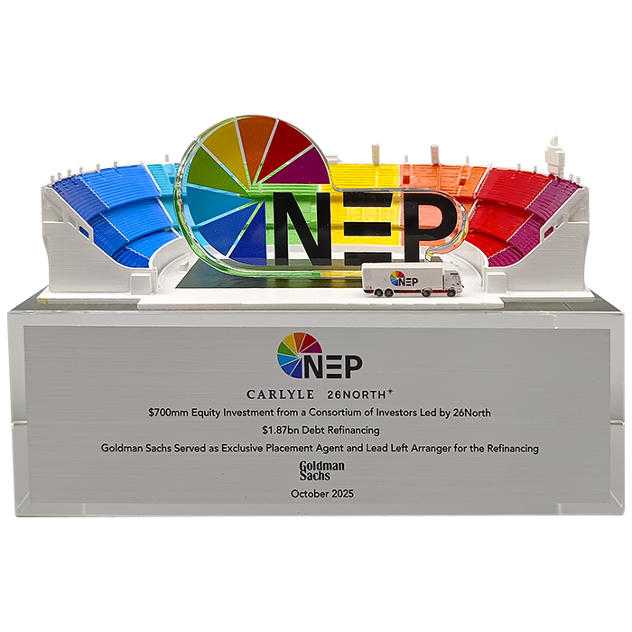 Rainbow sports stadium deal toy for NEP Carlyle and 26North. Financial Tombstones by Society Awards Finance Group