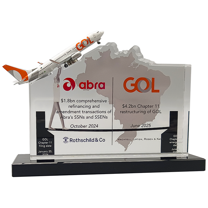ABRA and GOL deal toy clear acrylic on metal base with a mini airplane attached. Financial Tombstones by Society Awards Finance Group