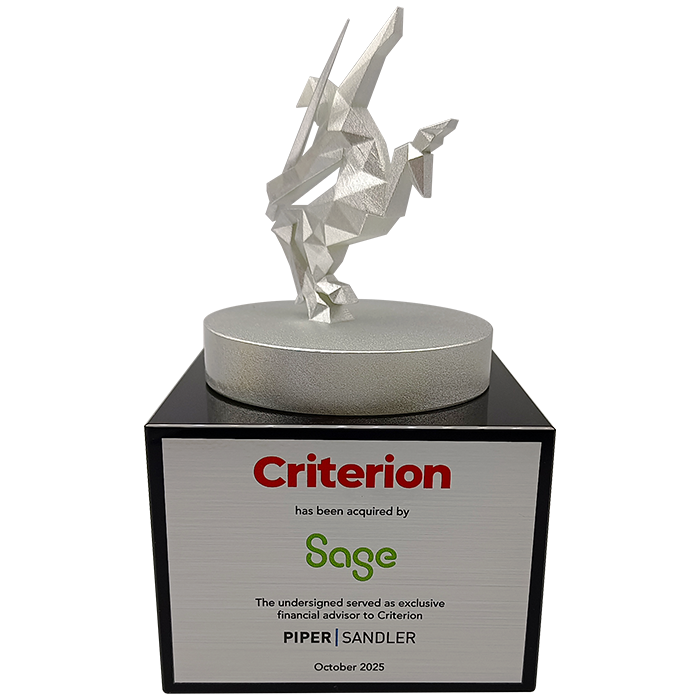 Art Deco centaur deal toy design for Criterion being acquired by Sage. Financial Tombstones by Society Awards Finance Group