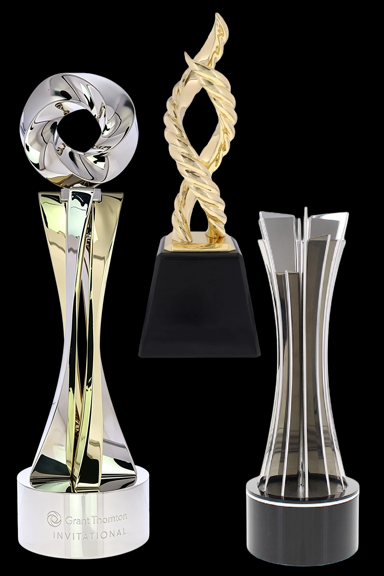 3 Custom Awards made by Society Awards, a Gold and Silver award for a Golf Tournament, a Gold band award made by David Yurman for Society Awards, and a Silver Abstract Art Custom Trophy