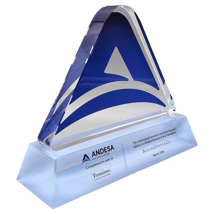 Clear crystal and acrylic custom deal toy with blue background for a company sale by Society Awards Finance Group
