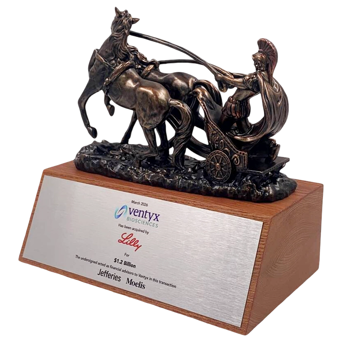 custom bronze deal toy by society awards finance group for ventyx biosciences and Lilly. bronze statue of a roman chariot