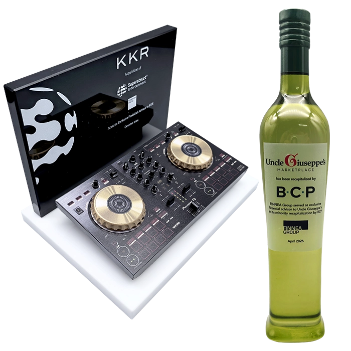 custom deal toys made to look like a DJ board and a bottle of wine, created by Society Awards Finance Group