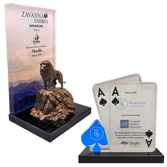 custom deal toy and financial tombstone of a bronze lion standing on a mountain side and 2 ace of clubs cards, made by society awards finance group