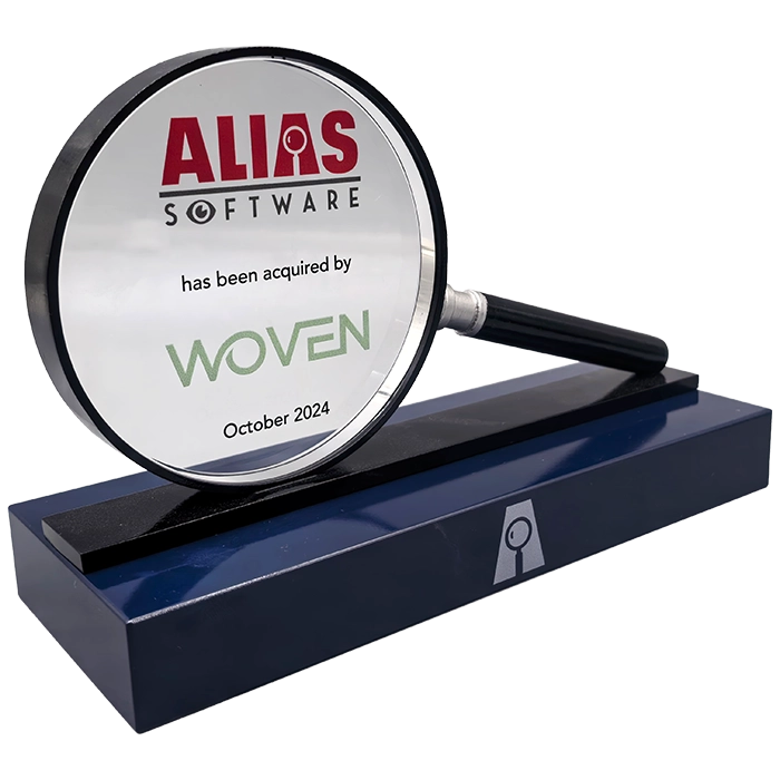custom deal toy and financial tombstone of a magnifying glass for Alias Software made by Society Awards Finance Group
