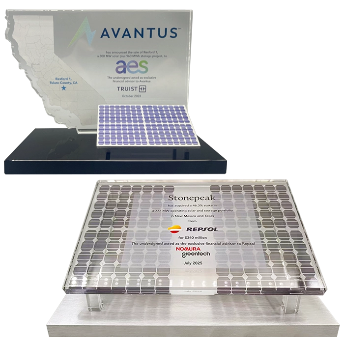 custom deal toy and financial tombstones by society awards finance group depicting solar panel company deals
