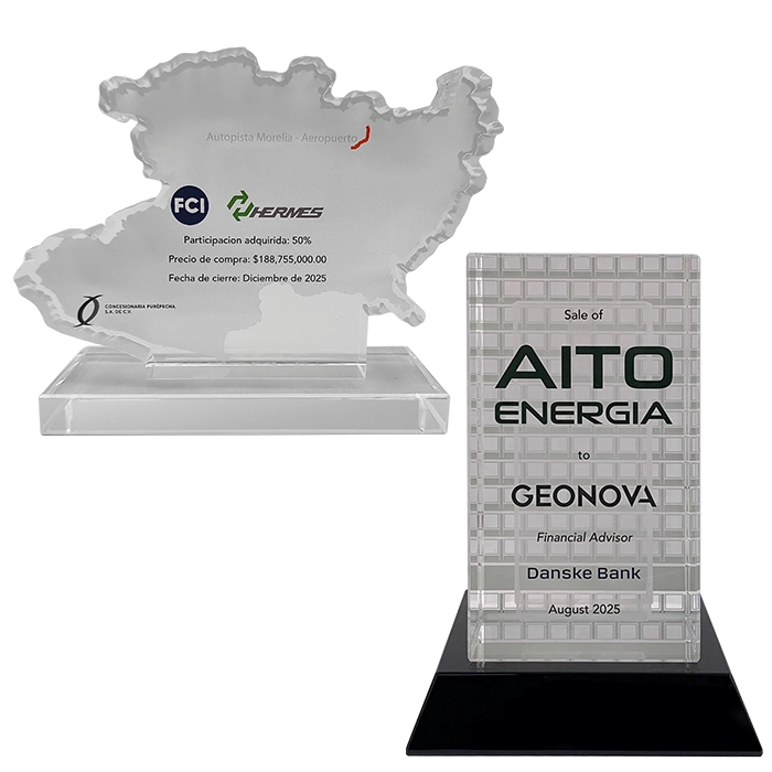 custom deal toys and financial tombstones made by society awards finance group made for international clientele