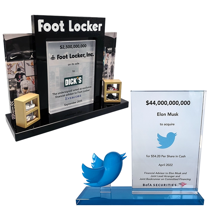 custom deal toys financial tombstones for the sale of Footlocker to Dicks and for Elon Musk acquiring Twitter 