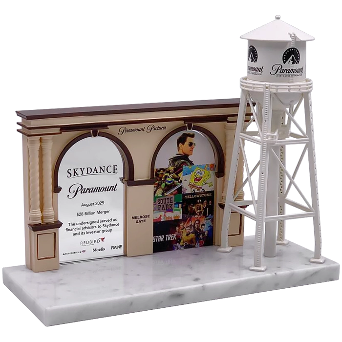 Custom Deal Toys Financial Tombstones celebrating the merger of Skydance and Paramount