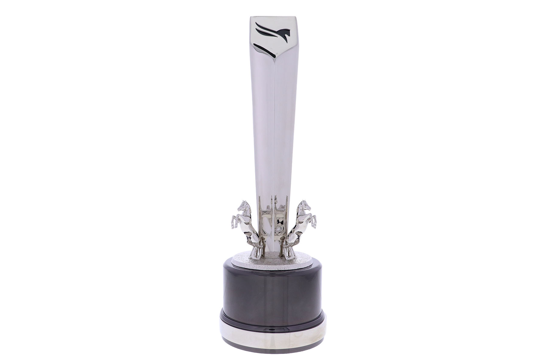 Custom silver tower with company logo and horse figures atop a black base