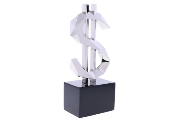 Custom metal silver dollar sign shape atop a black base