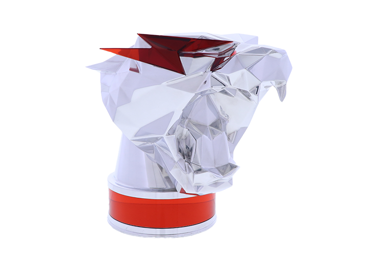 MrBeast 200 million subscriber award is made of machined aluminum with red acrylic accents to create MrBeast's logo made by Society Awards