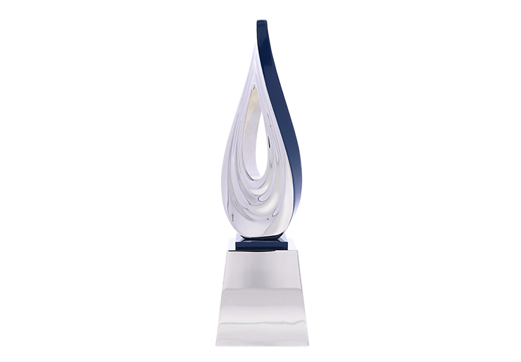 Silver water droplet with a navy blue outline atop a silver base