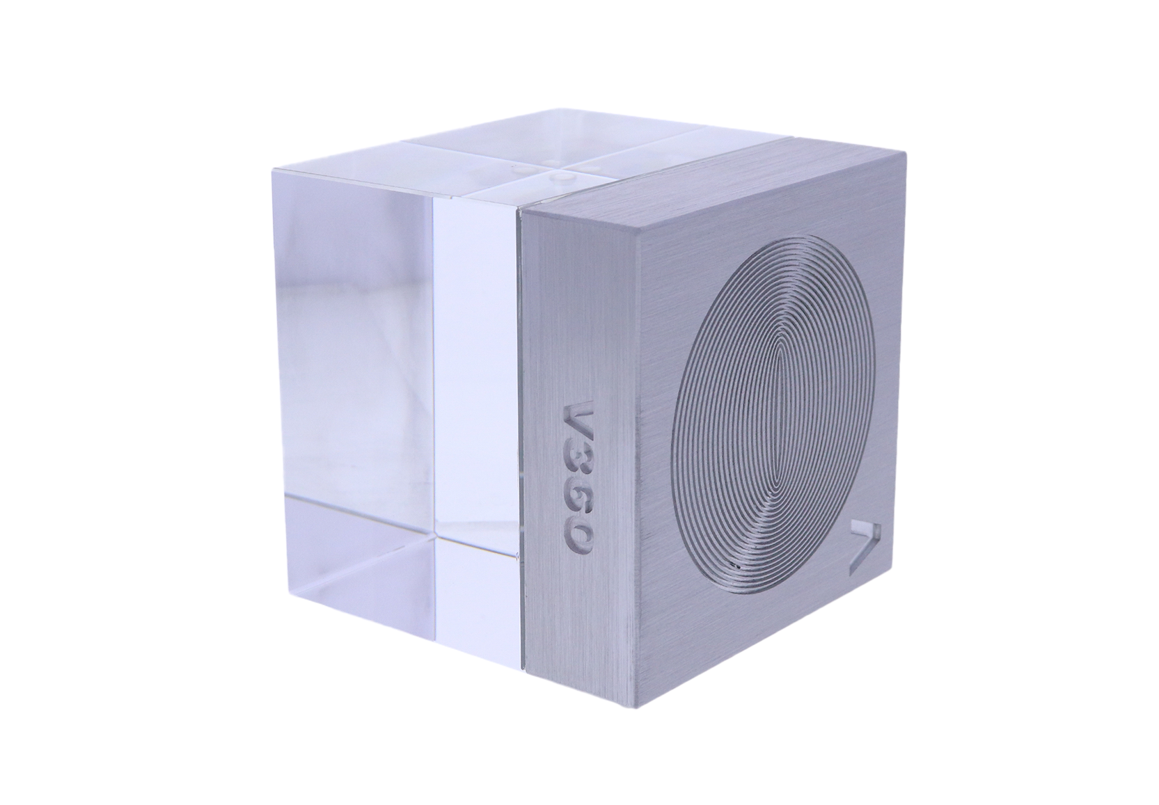 Silver metal and crystal cube with disc shape incorporated into the metal | Society Awards