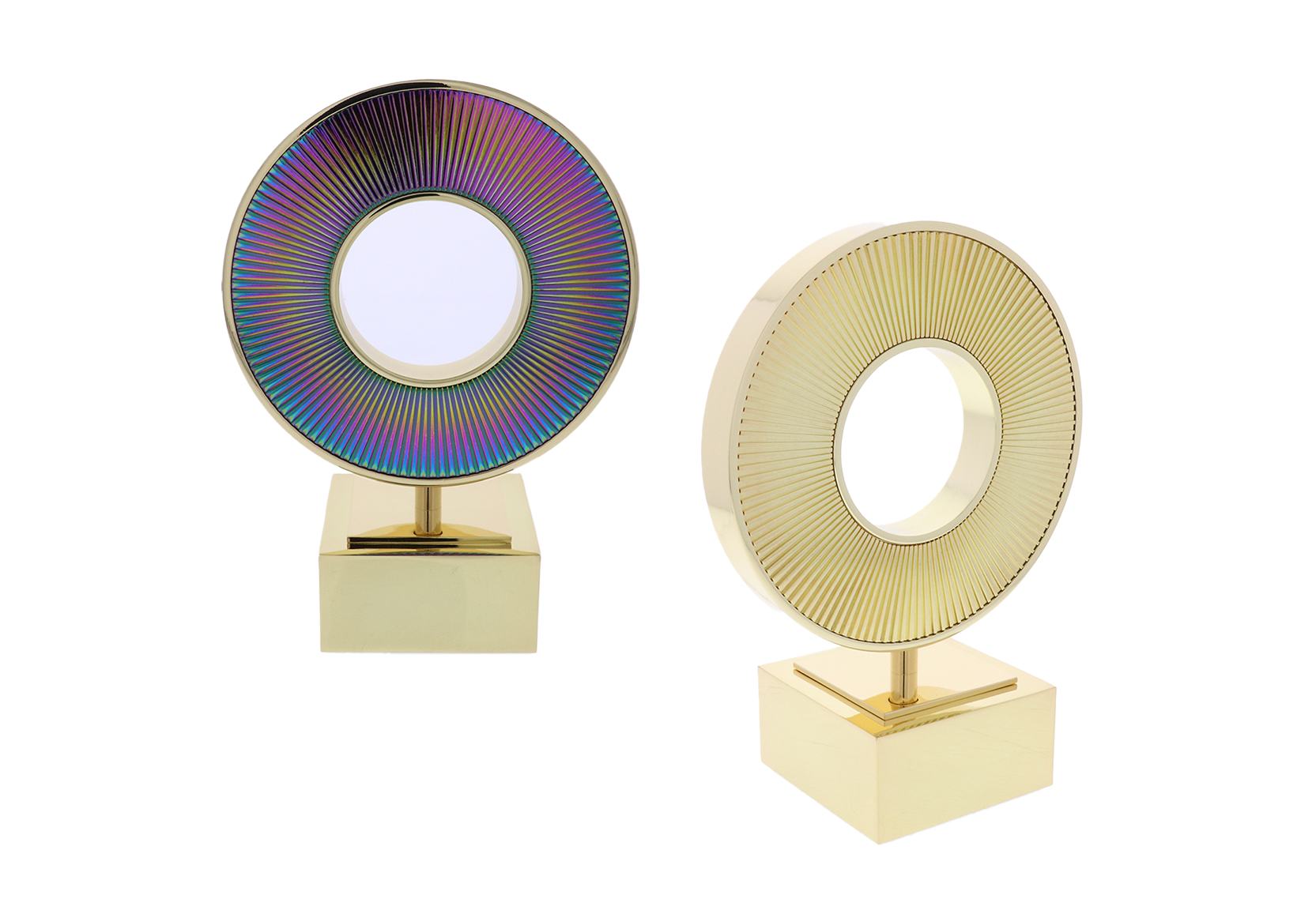 Gold and chromatic IP textured rings atop gold bases | Society Awards