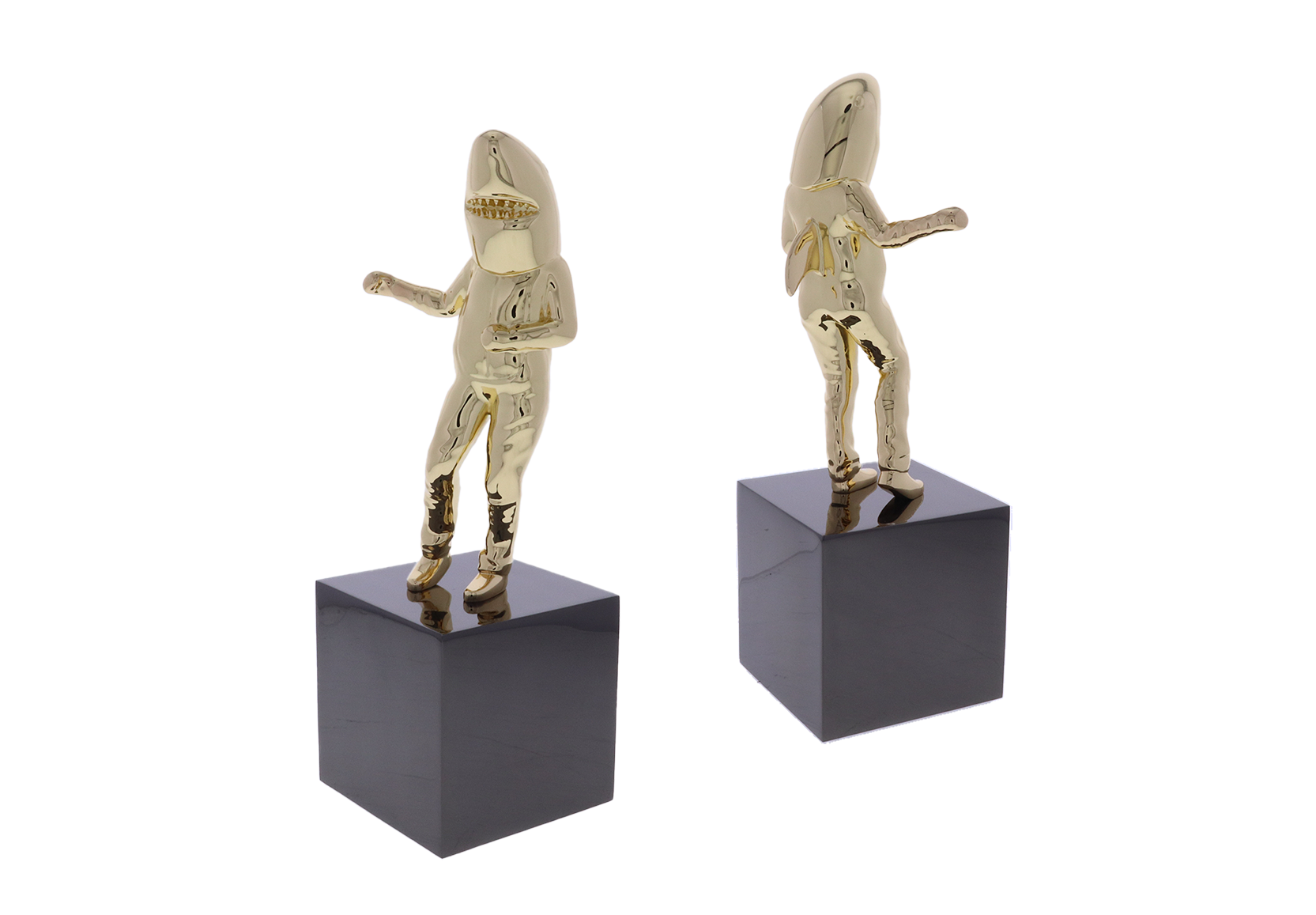 Custom award with a shark head and fin and a human body atop a black square base