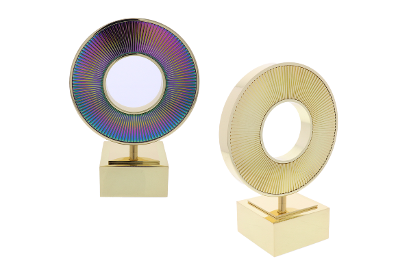 Gold and chromatic IP textured rings atop gold bases