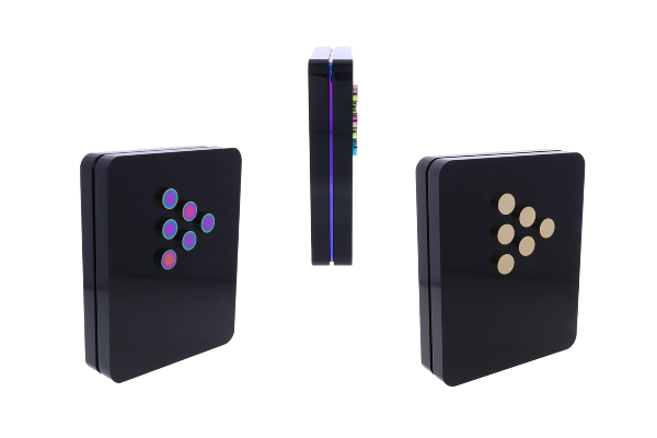 Custom black plaque award with chromatic IP and gold dots