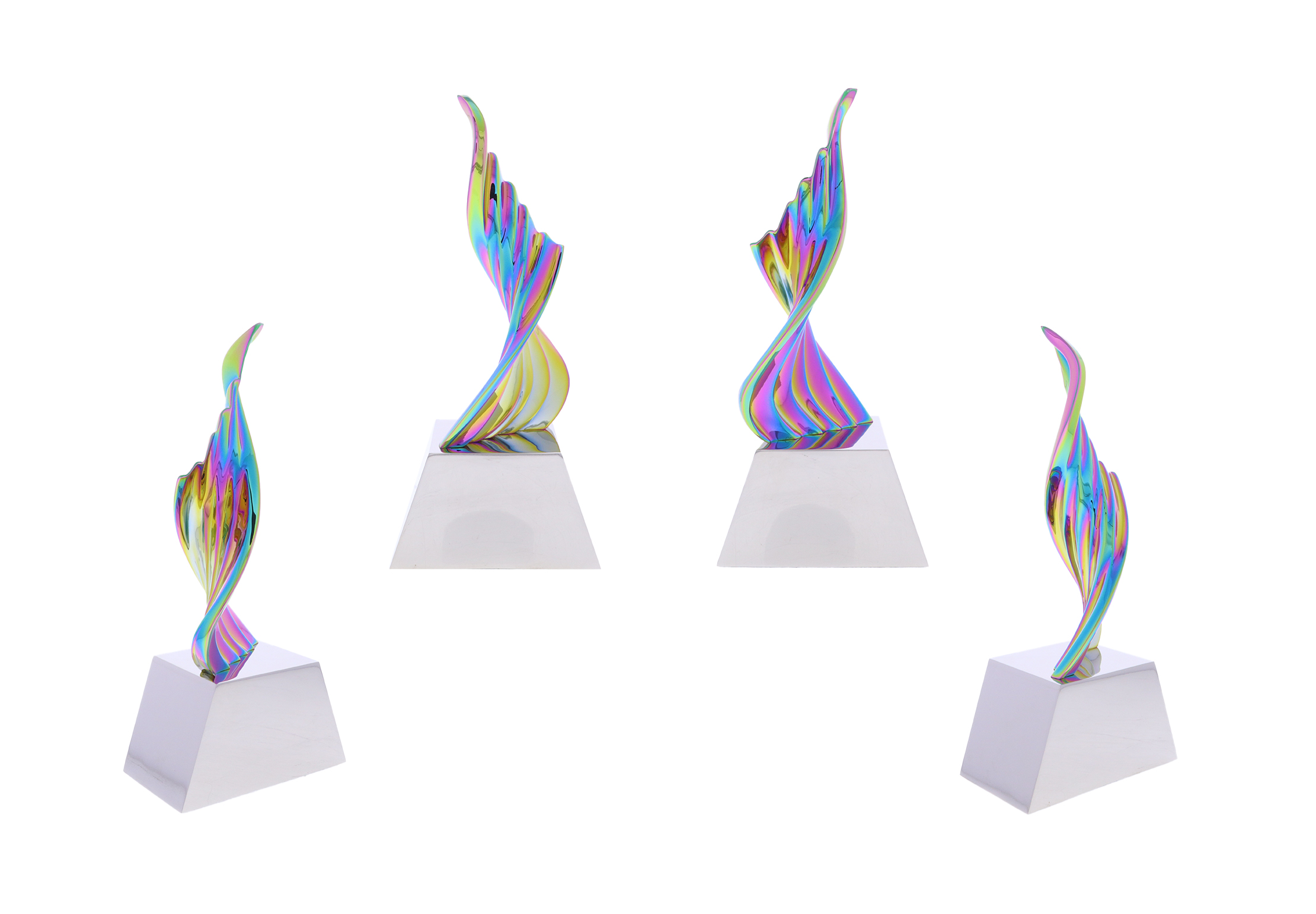 Stunning twisting chromatic IP sculpture atop a white base | Society Awards