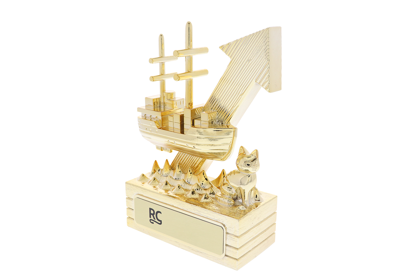 Detailed revenue award depicting a ship rising from the ocean, all in gold | Society Awards