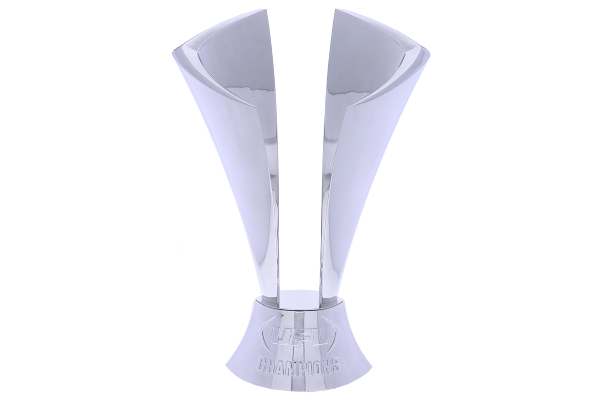 Large silver curved sculpture atop a silver base