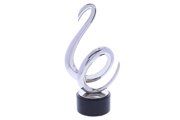 Flowing silver spiral atop a black base