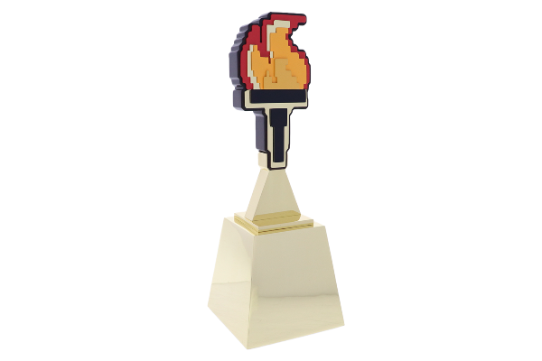 Digital style flame atop a tiered gold base