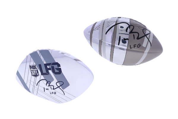 Tom Brady LFG Award Silver football trophy with Tom Brady's signature