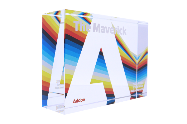 Crystal Adobe Maverick award displaying vibrant colors with a logo cut out