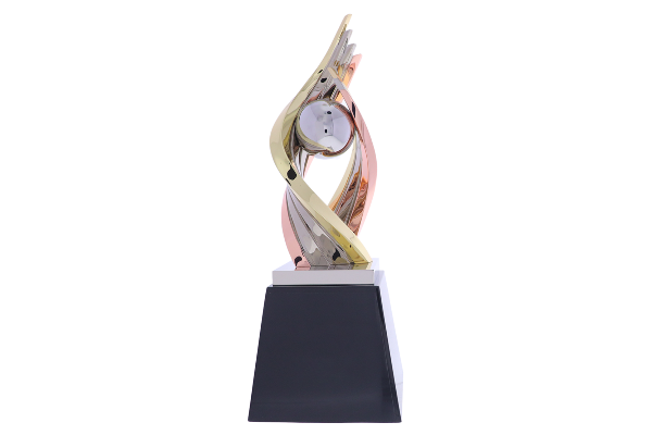 Metal arms twist and curve upward from a central marble base, encapsulating a silver sphere