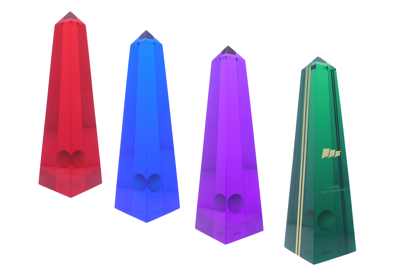Lucite acrylic obelisks that stand 18 inches tall with a golf ball in the middle | Society Awards