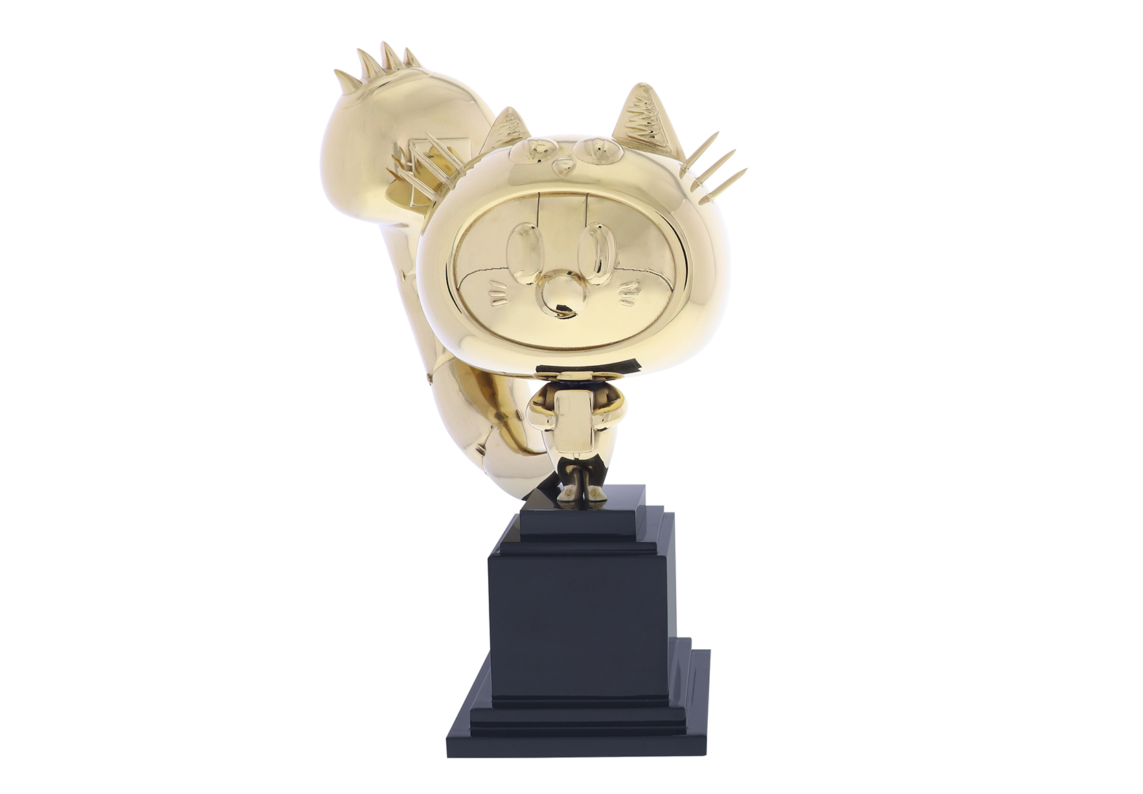 Gold cat mascot sitting atop a tiered black base | Society Awards