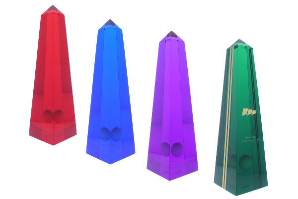 Lucite acrylic obelisks that stand 18 inches tall with a golf ball in the middle