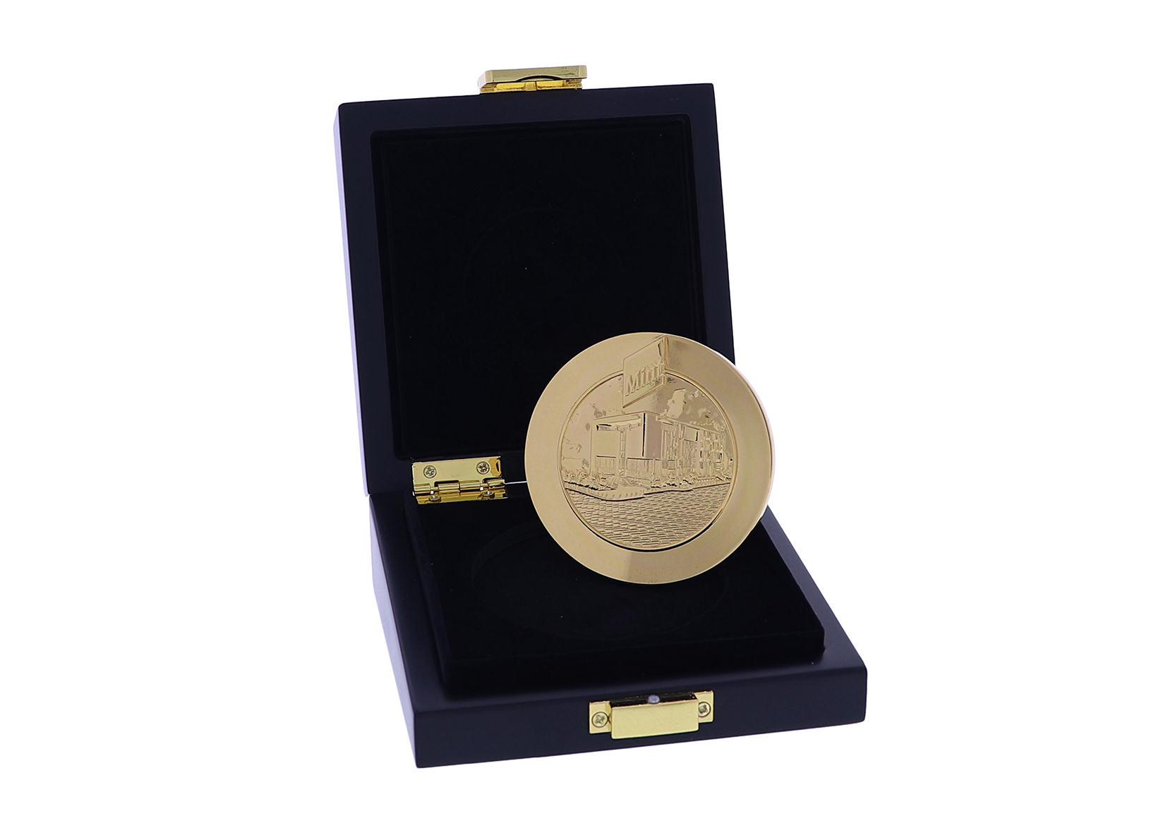 Gold medal with building depiction in a black box | Society Awards